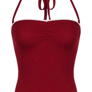 Y2K Fashion Red Lace-Trim Halter Top for Summer Outfits & Cute Looks