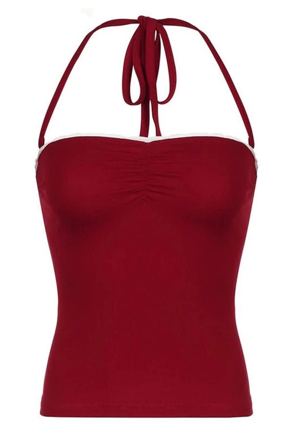 Y2K Fashion Red Lace-Trim Halter Top for Summer Outfits & Cute Looks