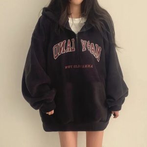 Y2K Fashion Retro Campus Half-Zip Hoodie for Trendy Summer Outfits