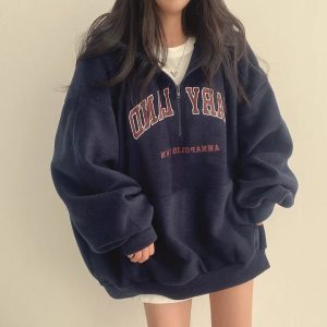 Y2K Fashion Retro Campus Half-Zip Hoodie for Trendy Summer Outfits