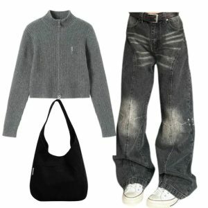 Y2K Fashion: Ribbed Zip-Up Turtleneck Sweater & Washed Black Wide-Leg Jeans