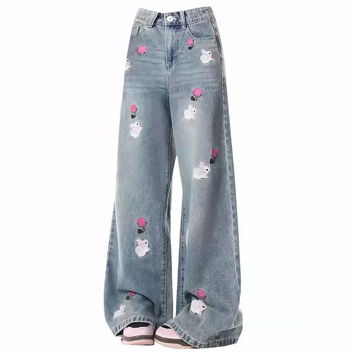 Y2K Fashion Rose and Bunny Embroidery Baggy Jeans for Trendy Outfits