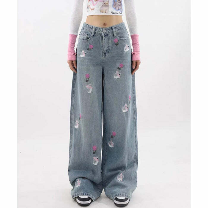 Y2K Fashion Rose and Bunny Embroidery Baggy Jeans for Trendy Outfits