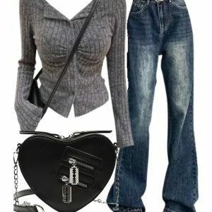 Y2K Fashion: Ruched Ribbed Cardigan & Vintage Flare Jeans with Punk Bag