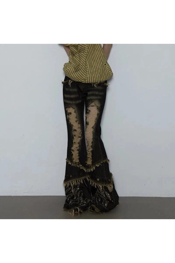 Y2K Fashion Shredded Flames Distressed Flare Jeans for Trendy Outfits