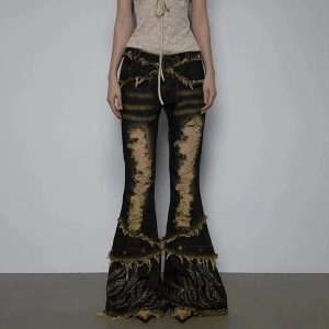 Y2K Fashion Shredded Flames Distressed Flare Jeans for Trendy Outfits