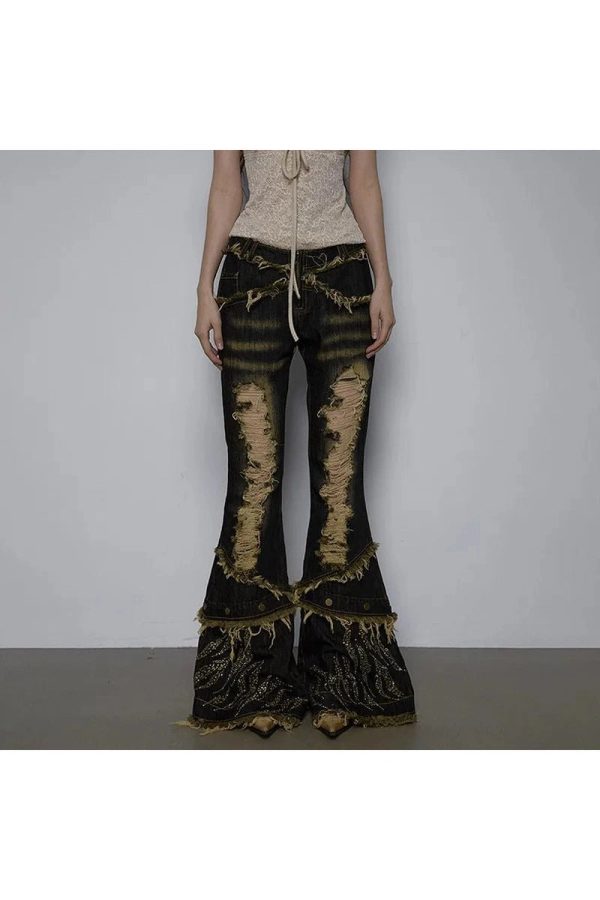 Y2K Fashion Shredded Flames Distressed Flare Jeans for Trendy Outfits