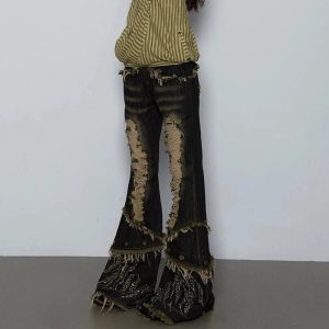 Y2K Fashion Shredded Flames Distressed Flare Jeans for Trendy Outfits