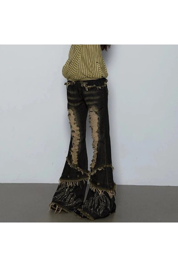 Y2K Fashion Shredded Flames Distressed Flare Jeans for Trendy Outfits