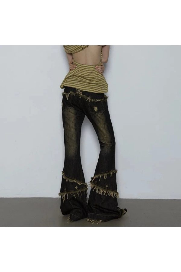 Y2K Fashion Shredded Flames Distressed Flare Jeans for Trendy Outfits