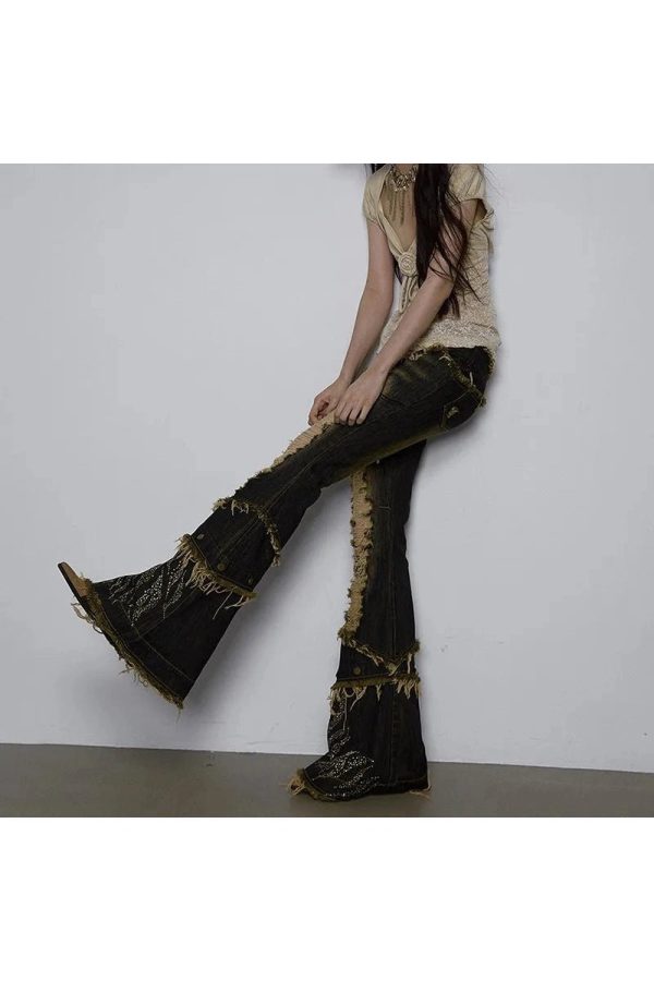 Y2K Fashion Shredded Flames Distressed Flare Jeans for Trendy Outfits