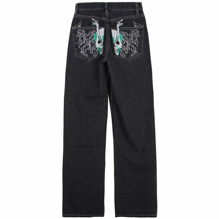 Y2K Fashion Skeleton Embroidery Jeans for Grunge Aesthetic Outfits