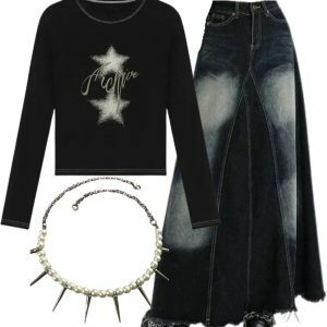 Y2K Fashion: Sparkle Crop Top, Faded Black Maxi Denim Skirt & Pearl Necklace