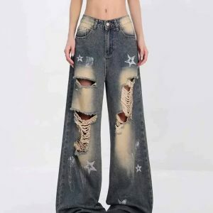 Y2K Fashion Star Girl Distressed Baggy Jeans for Trendy Summer Outfits