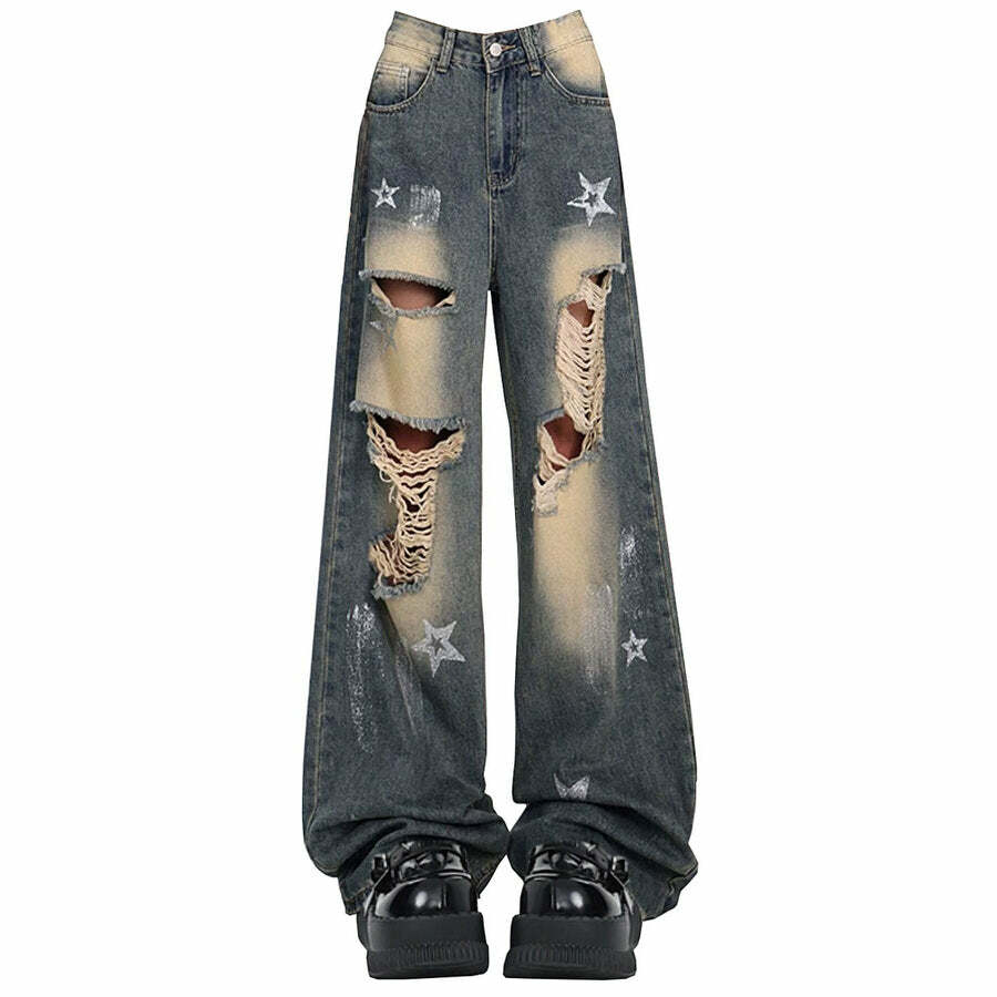 Y2K Fashion Star Girl Distressed Baggy Jeans for Trendy Summer Outfits