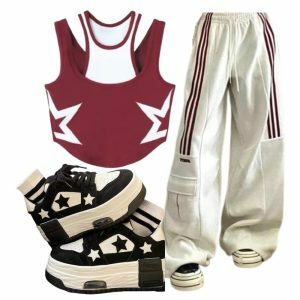 Y2K Fashion: Striped Cargo Pants & Star Racerback Crop Top with Skate Shoes