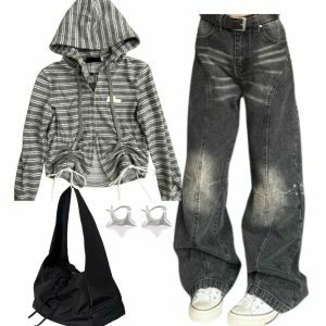 Y2K Fashion: Striped Zip-Up Hoodie, Washed Black Wide-Leg Jeans & Bucket Bag