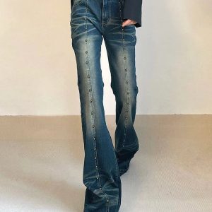 Y2K Fashion Studded Midnight Flare Jeans for Trendy Summer Outfits