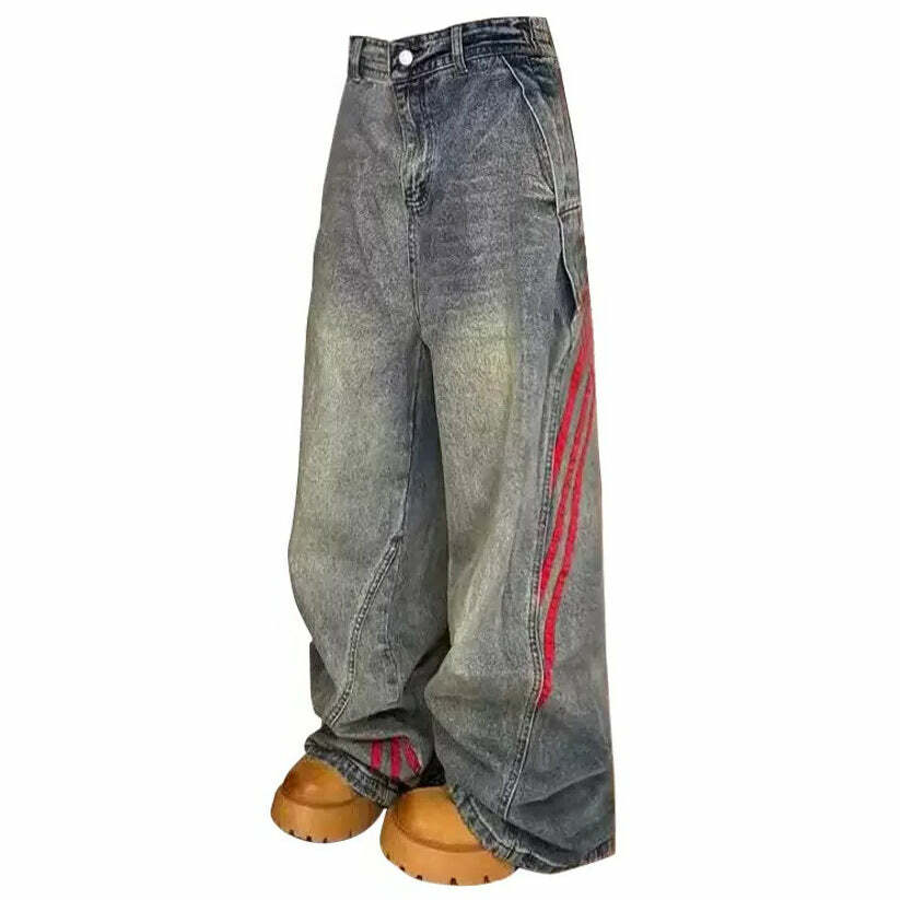 Y2K Fashion Wide Leg Red Stripe Jeans for a Retro 90s Aesthetic