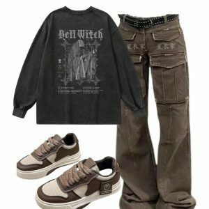 Y2K Grunge Aesthetic: Arctic Edge Cargo Pants & Gothic Long Sleeve Top