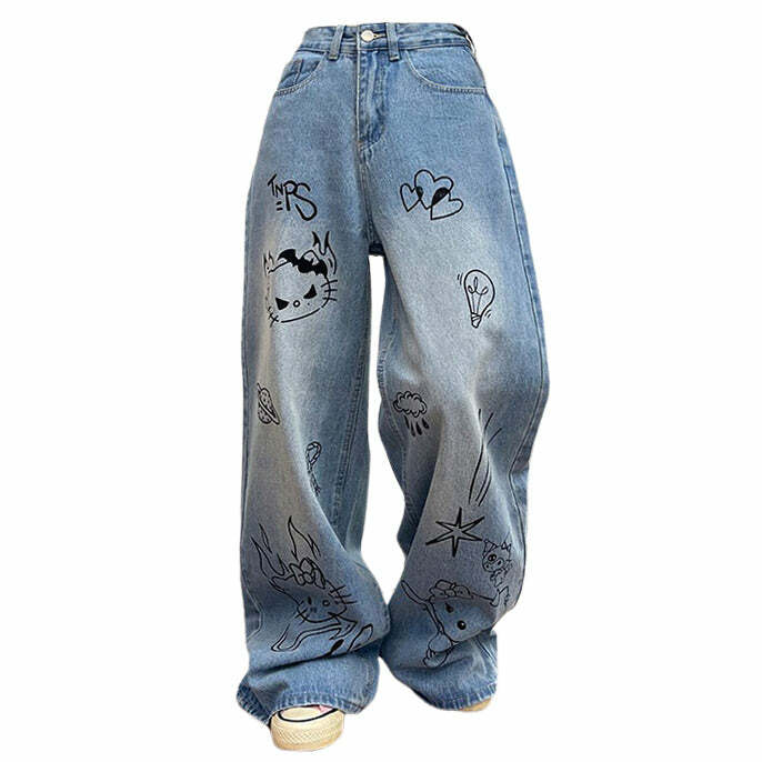 Y2K Grunge Aesthetic Blue Cat Jeans for Trendy Summer Outfits