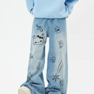 Y2K Grunge Aesthetic Blue Cat Jeans for Trendy Summer Outfits