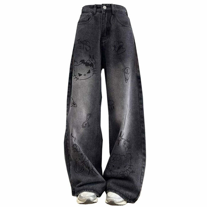 Y2K Grunge Aesthetic Cat Jeans: Trendy Baggy Jeans for Unique Style