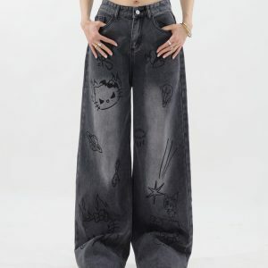 Y2K Grunge Aesthetic Cat Jeans: Trendy Baggy Jeans for Unique Style