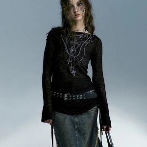 Y2K Grunge Aesthetic Dark Crucifix Long Sleeve Top for Trendy Outfits