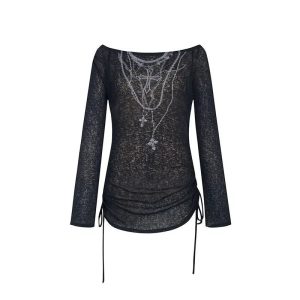 Y2K Grunge Aesthetic Dark Crucifix Long Sleeve Top for Trendy Outfits