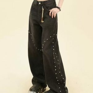 Y2K Grunge Aesthetic Rivet Jeans for Trendy Summer Outfits