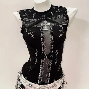 Y2K Grunge Aesthetic Safety Pin Cross Punk Top for Bold Fashionistas