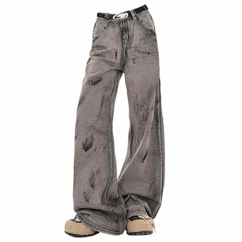 Y2K Grunge Aesthetic Wide-Leg Jeans in Grey for Trendy Summer Outfits