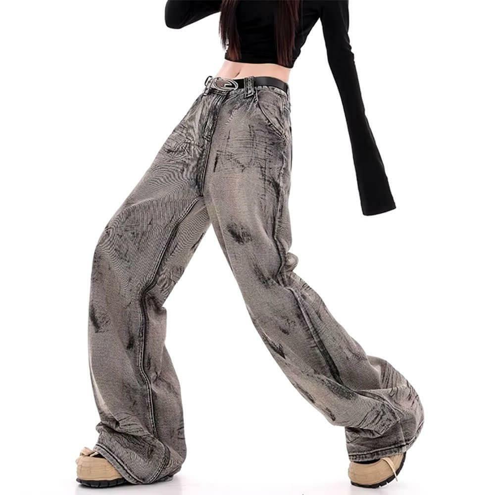 Y2K Grunge Aesthetic Wide-Leg Jeans in Grey for Trendy Summer Outfits