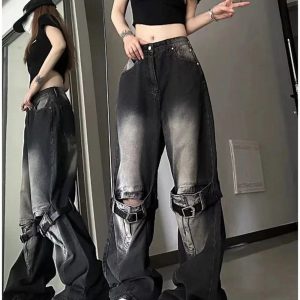 Y2K Grunge Buckle Wide-Leg Jeans for Effortless Summer Style