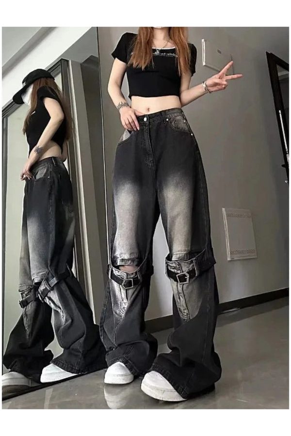 Y2K Grunge Buckle Wide-Leg Jeans for Effortless Summer Style