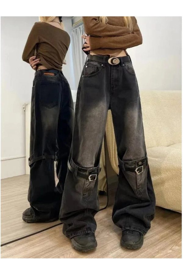 Y2K Grunge Buckle Wide-Leg Jeans for Effortless Summer Style