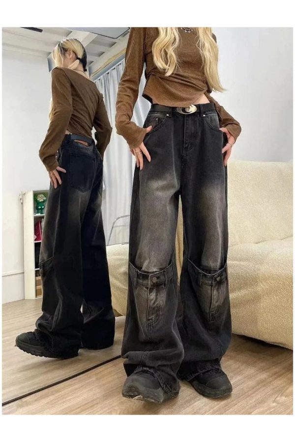 Y2K Grunge Buckle Wide-Leg Jeans for Effortless Summer Style