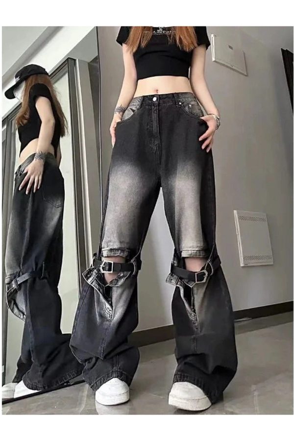 Y2K Grunge Buckle Wide-Leg Jeans for Effortless Summer Style