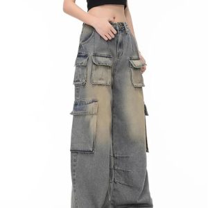 Y2K Grunge Cargo Jeans: Trendy Wide Leg Style for Effortless Outfits