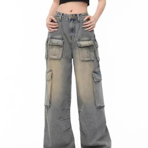 Y2K Grunge Cargo Jeans: Trendy Wide Leg Style for Effortless Outfits