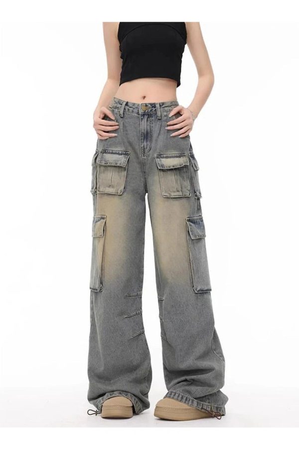 Y2K Grunge Cargo Jeans: Trendy Wide Leg Style for Effortless Outfits