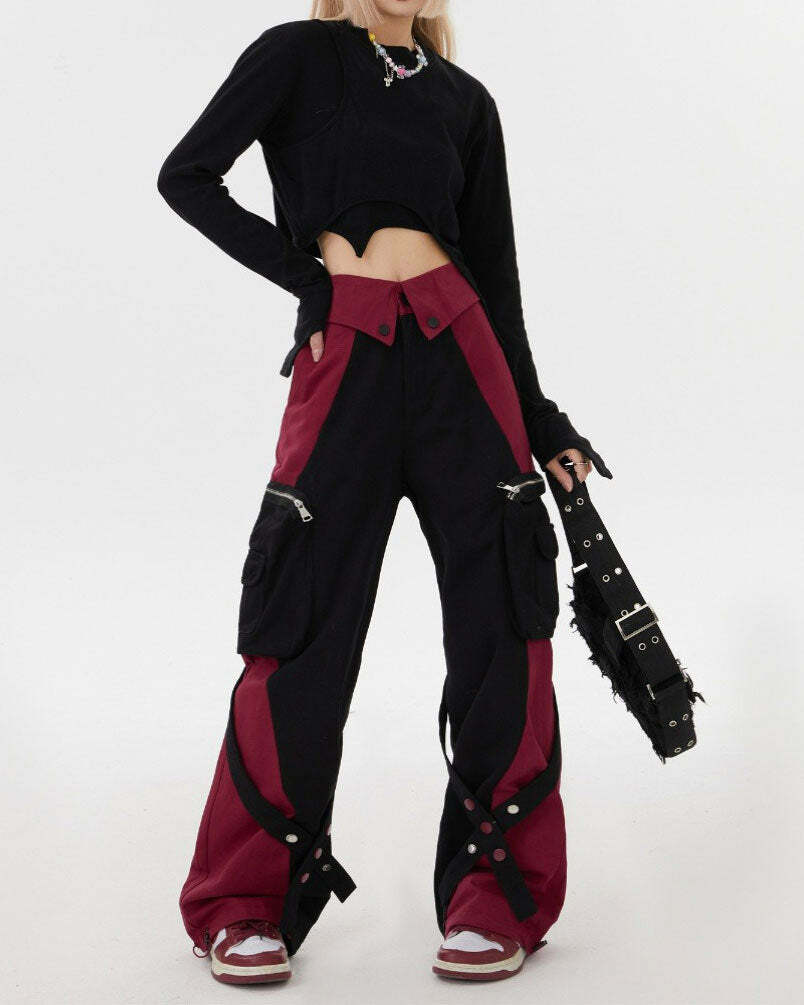 Y2K Grunge Cargo Pants in Black & Red - Trendy 90s Fashion Essential