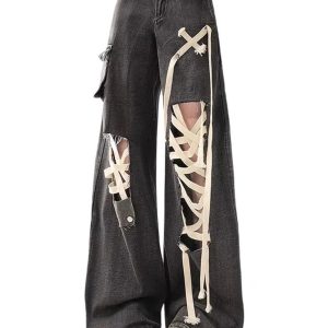 Y2K Grunge Dark Lace-Up Skeleton Cargo Pants for Edgy Summer Outfits