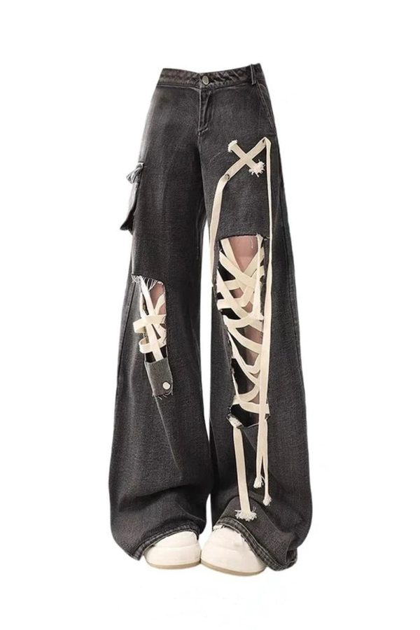 Y2K Grunge Dark Lace-Up Skeleton Cargo Pants for Edgy Summer Outfits