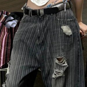 Y2K Grunge Distressed Pinstripe Cargo Pants for Trendy Summer Outfits