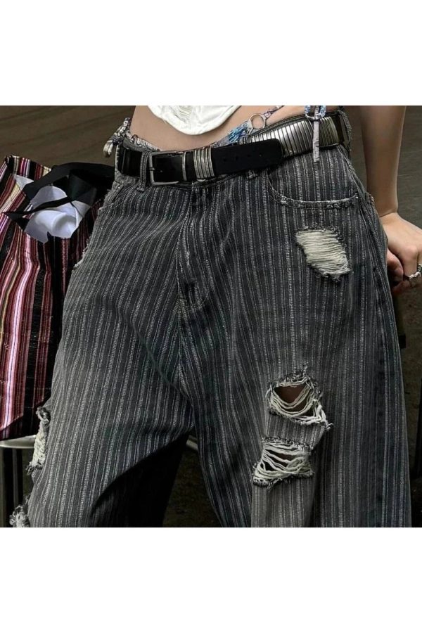 Y2K Grunge Distressed Pinstripe Cargo Pants for Trendy Summer Outfits