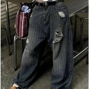 Y2K Grunge Distressed Pinstripe Cargo Pants for Trendy Summer Outfits