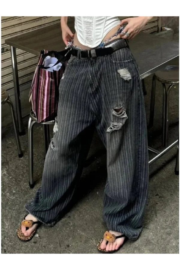 Y2K Grunge Distressed Pinstripe Cargo Pants for Trendy Summer Outfits