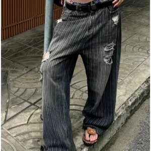 Y2K Grunge Distressed Pinstripe Cargo Pants for Trendy Summer Outfits